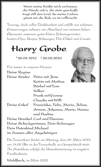 Traueranzeige von Harry Grobe von Südthüringer Presse