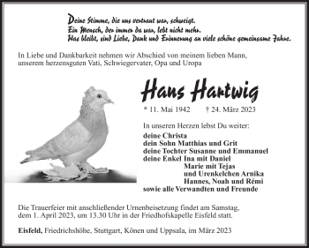 Traueranzeige von Hans Hartwig von Südthüringer Presse