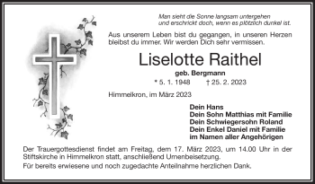 Traueranzeige von Liselotte Raithel von Frankenpost