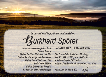 Traueranzeige von BurkhardBurkhard SpörerSpörer von Südthüringer Presse