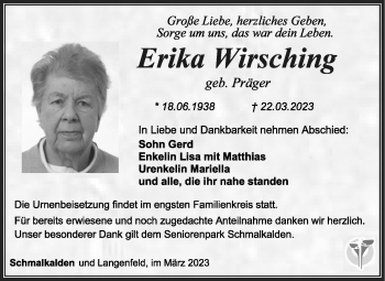 Traueranzeige von Erika Wirsching von Südthüringer Presse