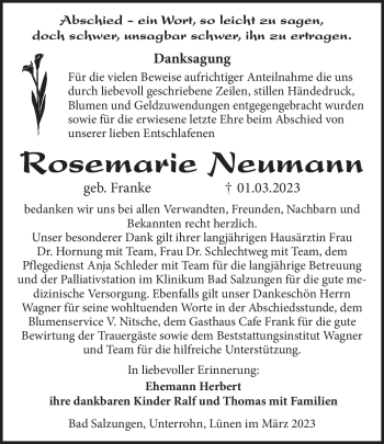 Traueranzeige von Rosemarie Neumann von Südthüringer Presse