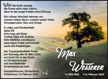 Traueranzeige von Max Wesserer von Südthüringer Presse