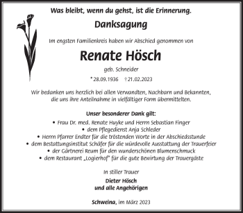 Traueranzeige von Renate Hösch von Südthüringer Presse