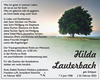 Traueranzeige von Hilda Lauterbach von Südthüringer Presse