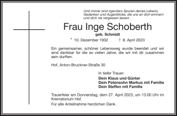 Traueranzeige von Inge Schoberth von Frankenpost