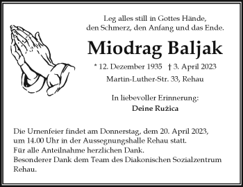 Traueranzeige von Miodrag Baljak von Frankenpost