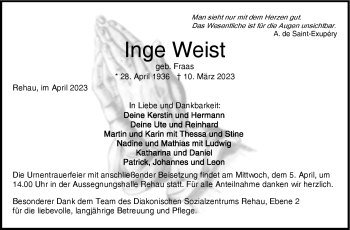Traueranzeige von Inge Weist von Frankenpost
