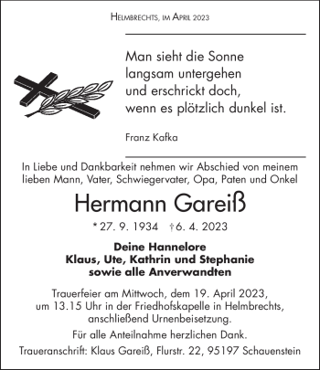 Traueranzeige von Hermann Gareiß von Frankenpost