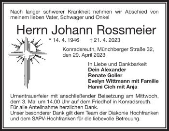 Traueranzeige von Johann Rossmeier von Frankenpost