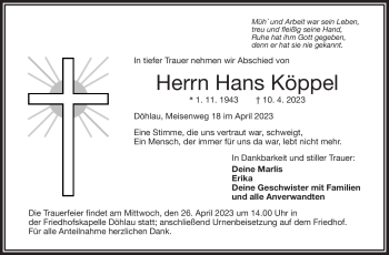 Traueranzeige von Hans Köppel von Frankenpost
