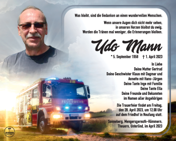 Traueranzeige von Udo Mann von Südthüringer Presse