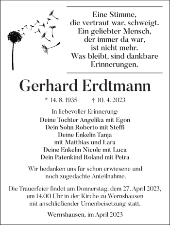 Traueranzeige von Gerhard Erdtmann von Südthüringer Presse