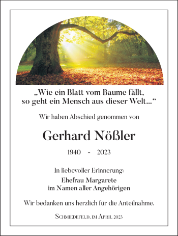 Traueranzeige von Gerhard Nößler von Südthüringer Presse
