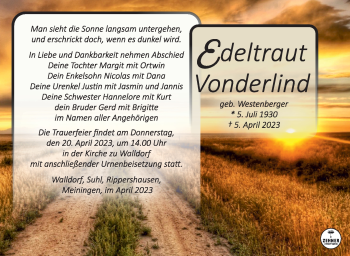 Traueranzeige von Edeltraud Vonderlind von Südthüringer Presse
