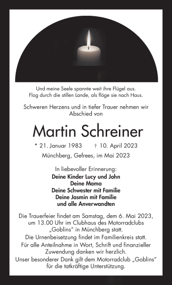 Traueranzeige von Martin Schreiner von Frankenpost