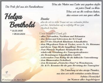 Traueranzeige von Helga Berthold von Südthüringer Presse