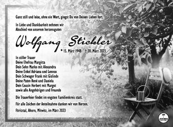 Traueranzeige von Wolfgang Stickler von Südthüringer Presse