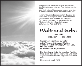 Traueranzeige von Waltraud Erbe von Südthüringer Presse