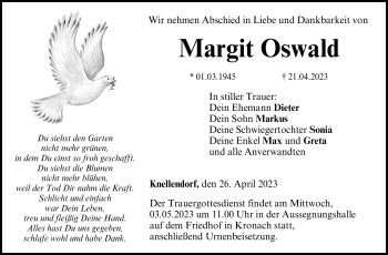 Traueranzeige von Margit Oswald von Neue Presse Coburg