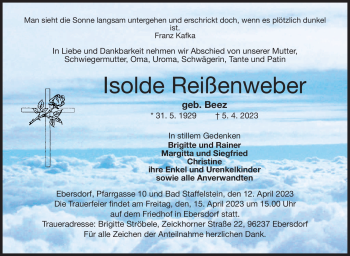 Traueranzeige von Isolde Reißenweber von Neue Presse Coburg