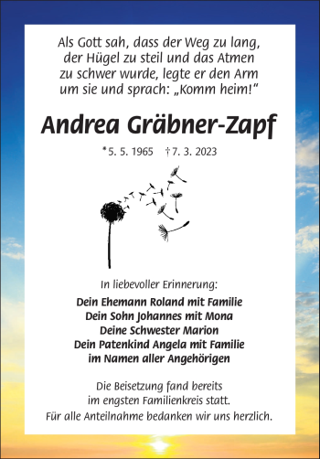 Traueranzeige von Andrea Gräbner-Zapf von Frankenpost