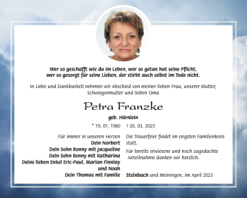 Traueranzeige von Petra Franzke von Südthüringer Presse