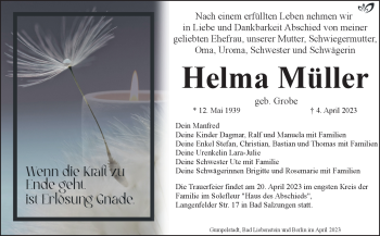 Traueranzeige von Helma Müller von Südthüringer Presse