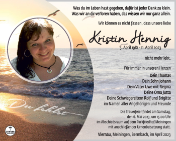 Traueranzeige von Kristin Hennig von Südthüringer Presse