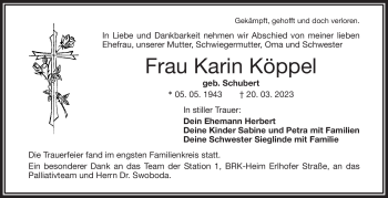 Traueranzeige von Karin Köppel von Frankenpost