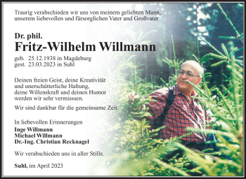Traueranzeige von Fritz-Wilhelm Willmann von Südthüringer Presse