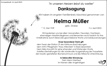 Traueranzeige von Helma Müller von Südthüringer Presse