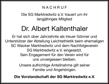 Traueranzeige von Albert Kaltenthaler von Frankenpost