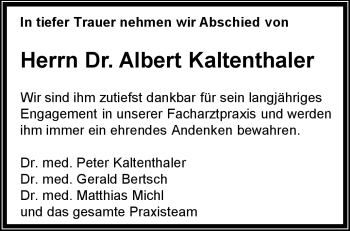 Traueranzeige von Albert Kaltenthaler von Frankenpost