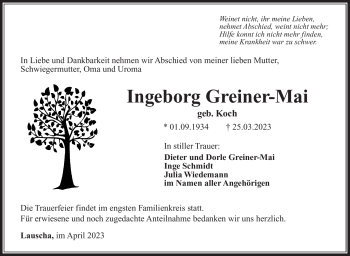 Traueranzeige von Ingeborg Greiner-Mai von Südthüringer Presse