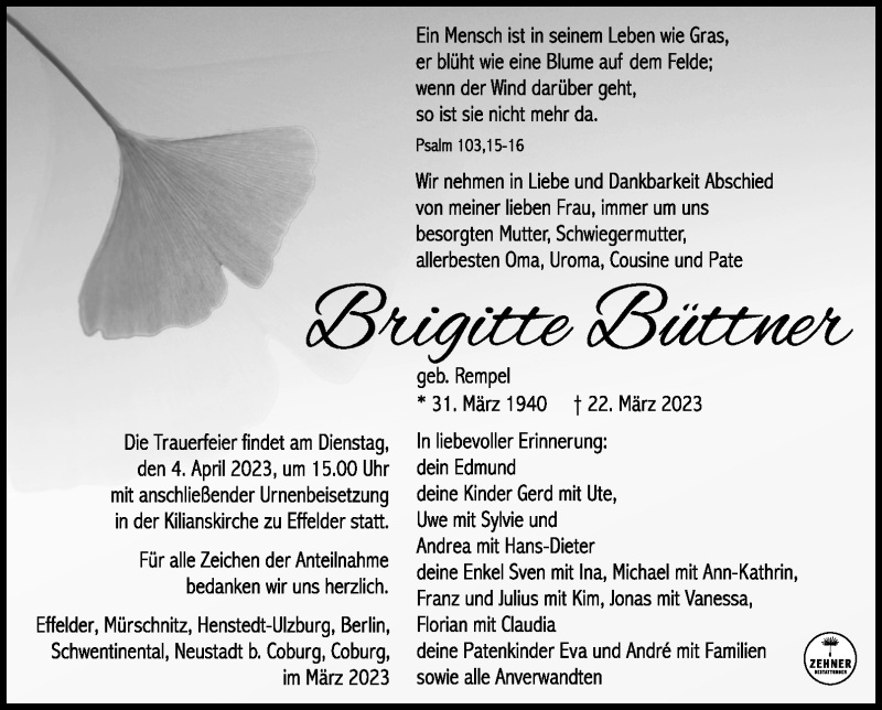  Traueranzeige für Brigitte Büttner vom 25.03.2023 aus Südthüringer Presse