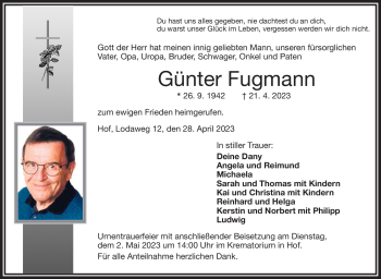 Traueranzeige von Günter Fugmann von Frankenpost