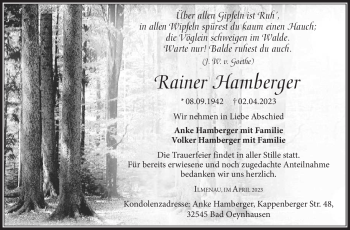 Traueranzeige von Rainer Hamberger von Südthüringer Presse