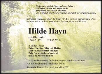 Traueranzeige von Hilde Hayn von Südthüringer Presse