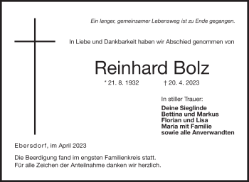 Traueranzeige von Reinhard Bolz von Neue Presse Coburg