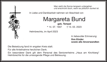 Traueranzeige von Margareta Bund von Frankenpost