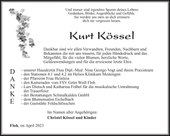 Traueranzeige von Kurt Kössel von Südthüringer Presse