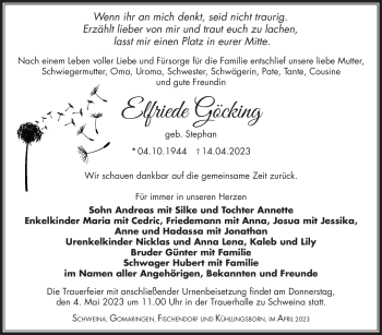 Traueranzeige von Elfriede Göcking von Südthüringer Presse