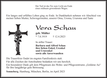 Traueranzeige von Vera Schau von Südthüringer Presse