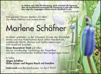 Traueranzeige von Marlene Schäfner von Südthüringer Presse