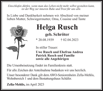 Traueranzeige von Helga Rusch von Südthüringer Presse