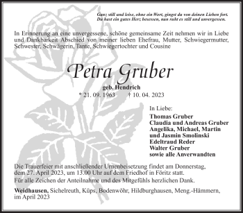 Traueranzeige von Petra Gruber von Südthüringer Presse