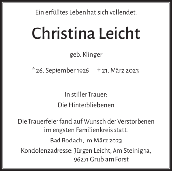 Traueranzeige von Christina Leicht von Südthüringer Presse