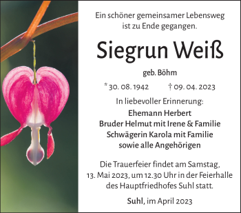 Traueranzeige von Siegrun Weiß von Südthüringer Presse