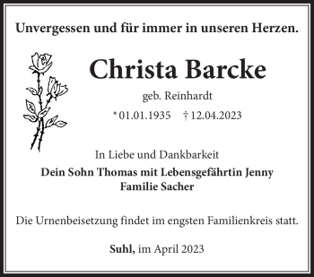 Traueranzeige von Christa Barcke von Südthüringer Presse
